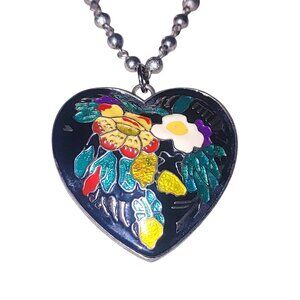 Floral Cloisonné Heart Shaped Pendant Necklace Vintage Silver Tone Adjustable
